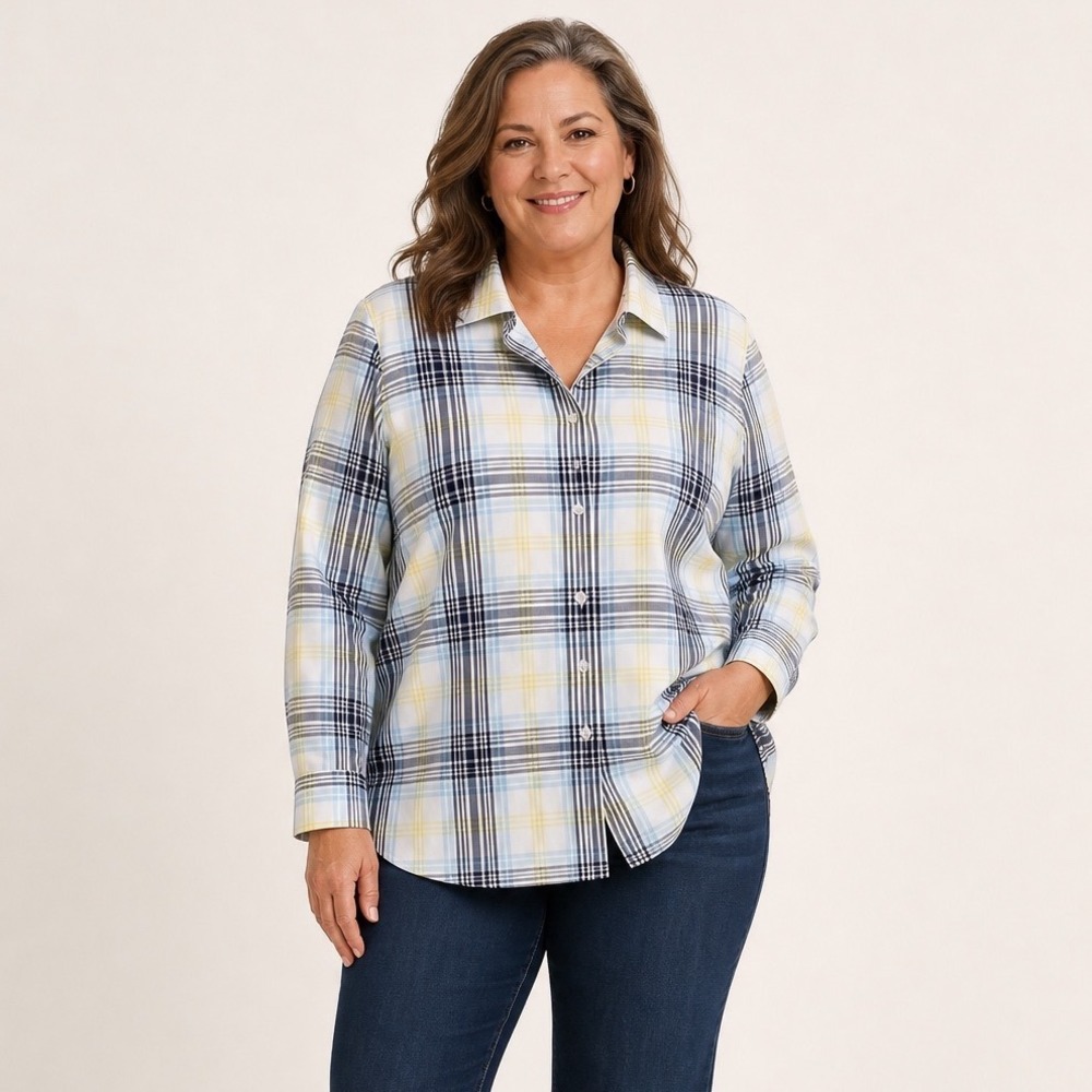 NEW Lands' End Womens' Poplin Cotton Plaid Button Down Shirt, Plus Size 16W